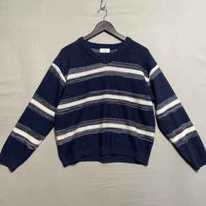 Womens Navy White Striped V Neck Sweater Long Sleeve Size M* Casual Preppy